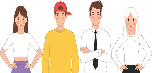 Flat Character Illustration Set of Young People and Professionals Standing Together for Teamwork, User Personas, Diversity, and Modern Lifestyle Design Concepts