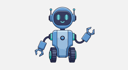 A cheerful cartoon robot with a smiling face and waving mechanical arm against a clean white background with blue accents.