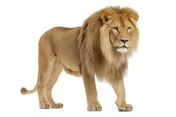 Obraz premium Majestic lion standing confidently against a plain background