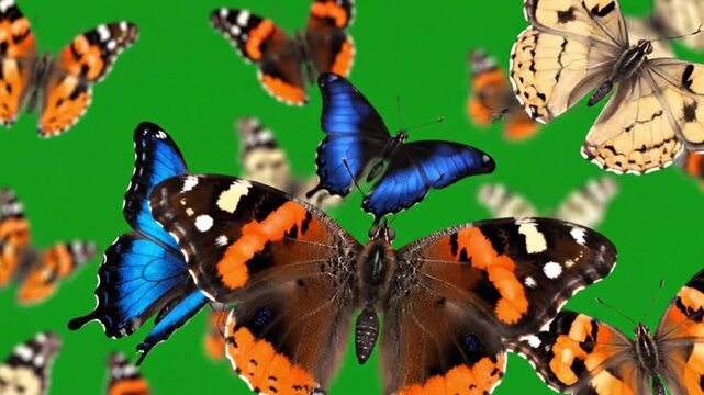 Swarm of colorful butterflies flying on green screen background, including blue morpho and red admiral species, chroma key footage for overlay