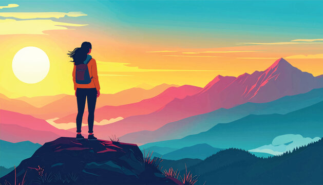 Solo traveler enjoying peaceful sunrise over layered mountain ranges. Minimalist hiking scene with calm atmosphere and pastel skies. Quiet exploration moment above misty hills at early morning