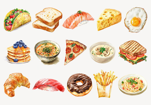 Assorted Delicious International Food Illustrations Element Set