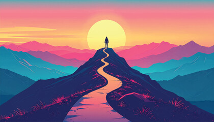 Fototapeta premium Strategic success path leading professional figure toward sunrise. Purpose driven journey illustration with winding mountain trail. Vision focused roadmap concept across glowing alpine landscape