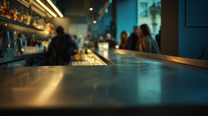 Modern Italian cocktail bar interior with empty steel counter in foreground, barman preparing drinks behind, group of stylish people socializing, warm artificial lighting, cinematic composition