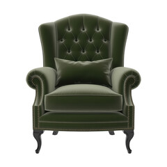 Green velvet armchair with pillow furniture isolated on a transparent background