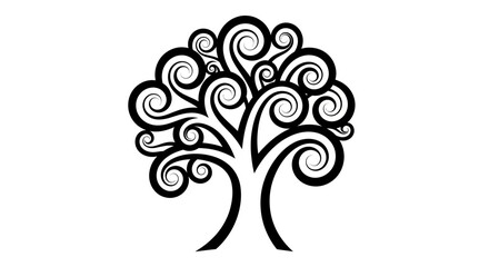 Stylized Black Tree Silhouette with Swirling Branches and Leaves