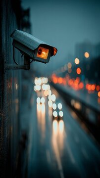 Surveillance camera monitoring busy urban street at night with blurred traffic lights and moving vehicles, city nightlife and modern security concept