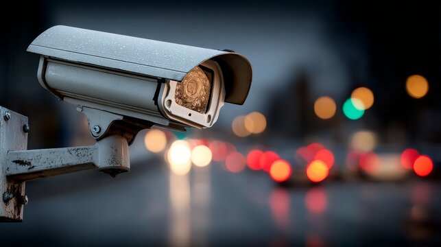 Surveillance camera monitoring busy urban street at night with blurred traffic lights and moving vehicles, city nightlife and modern security concept
