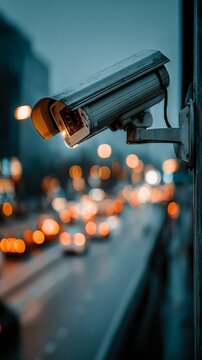 Surveillance camera monitoring busy urban street at night with blurred traffic lights and moving vehicles, city nightlife and modern security concept
