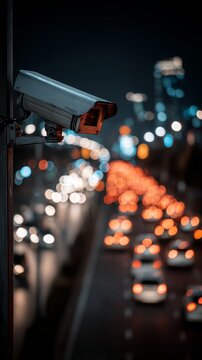 Surveillance camera monitoring busy urban street at night with blurred traffic lights and moving vehicles, city nightlife and modern security concept