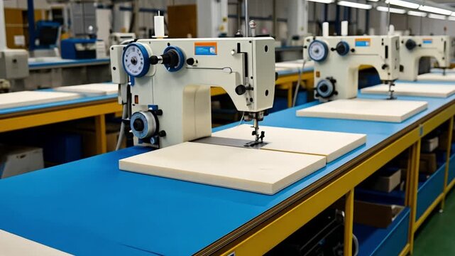 Row of industrial sewing machines in a factory production line. Manufacturing of textile with automated equipment.