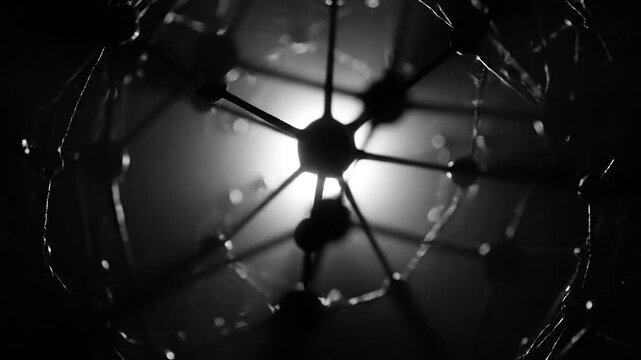 A three-dimensional network representation with a leader at its center, surrounded by interconnected nodes, viewed from above in a dark environment