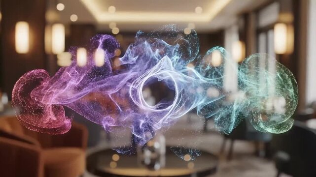 Abstract data visualization over a modern luxury hotel lobby interior showcasing digital connectivity and futuristic design with vibrant particle streams and warm lighting