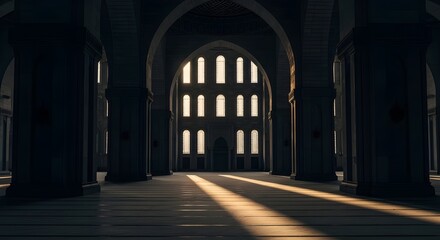 Fototapeta premium Large arched doorway inside a dark mosque interior with soft light entering through tall windows, creating a quiet, sacred atmosphere of solitude, depth, and spiritual reflection.
