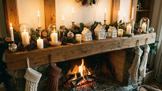 Shot of a fireplace mantel decorated with candles and winter ornaments, flames glowing below