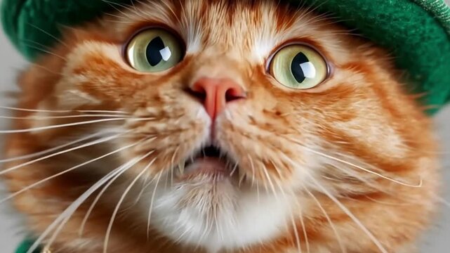 Funny ginger cat in green hat with mouth open. Pet celebrating St. Patrick day. Irish holiday animal concept.