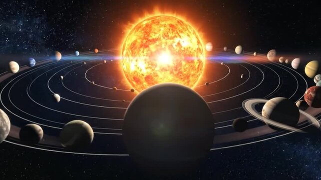 Illustration of the solar system with planets orbiting around a bright star.