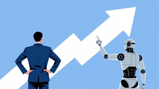 Businessman and robot looking at growth chart with rising arrow