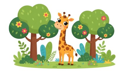 Fototapeta premium Whimsical Cartoon Giraffe Amidst Lush Greenery and Blooming Flora Artwork