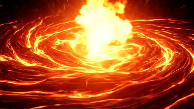 Fiery volcanic eruption creating swirling lava patterns against a dark background, showcasing nature's power