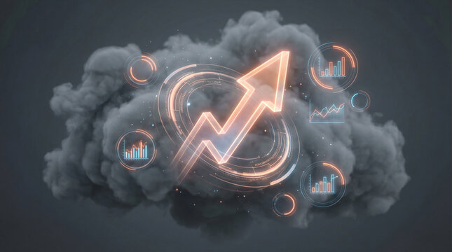 Cost rising living cloud data arrow glow cost of living rising concept over dark cloud background