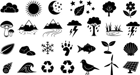 Nature and Environment Glyph Icons Set. Black Solid Symbols of Ecology, Weather, Natural Resources, and Renewable Energy for Sustainability Design. © Amala