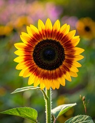 Obraz premium Close-up view of a vibrant sunflower, with a rich color palette, in a garden