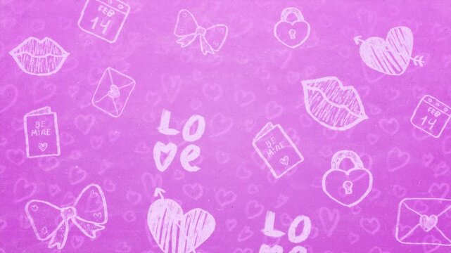 pink background with white valentine doodles hearts lips envelopes and lock symbolizing love affection romance