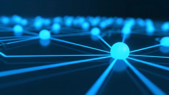 A three-dimensional network representation with a central leader node, interconnected spheres, and glowing lines, viewed from a futuristic perspective.