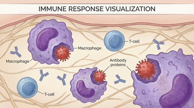 Immune Response Visualization Macrophage Tcell Antibody Proteins Diagram