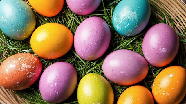 Colorful pastel Easter eggs on green grass in wicker basket. Holiday celebration for kids. Traditional spring decoration concept.