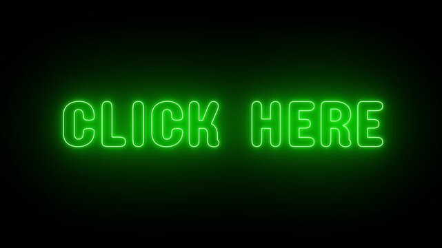 Vibrant Green Neon click Here Text Animation on Dark Background