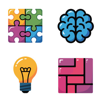 Kids logic challenge icons, jigsaw puzzle set, bright idea bulb, blue brain doodle, classroom session worksheet, education fair poster vector