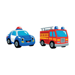 Emergency vehicle vector icons with police car and fire truck, ideal for safety campaigns, classroom activities, city rescue themed designs © RA Studio
