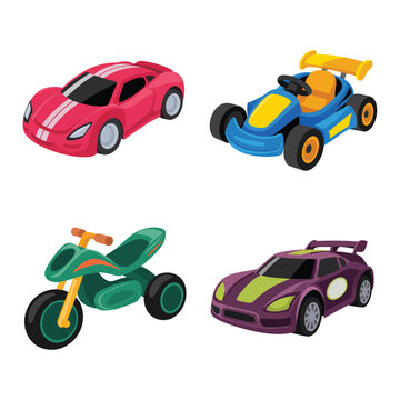 Racing vehicle vector icons featuring red supercar, blue convertible, green motorcycle and coupe, ideal for motorsport flyers, kids activity pages