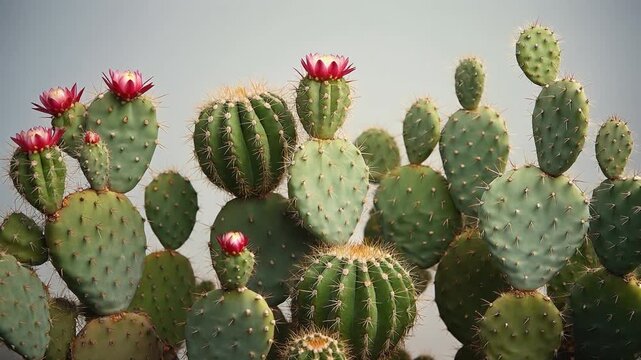 A close-up view of a variety of prickly pear cacti, some with small pink flowers blooming on top, against a soft, neutral background