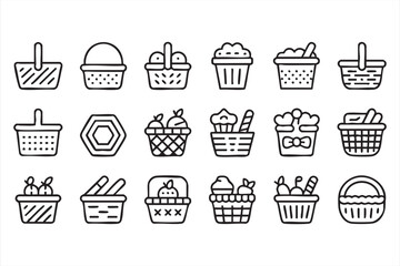 Picnic and Shopping Basket Outline Icons Set