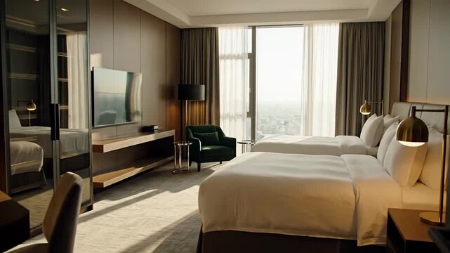 Luxurious hotel room featuring twin beds, city view, armchair, TV, lamps, and curtains