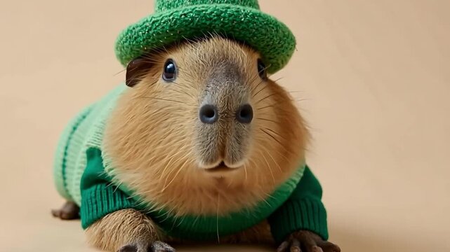 Cute capybara in a cozy green sweater and matching hat looking around, a festive pet design for St. Patrick&rsquo;s day