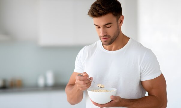  man who is very muscular and lean. He is in his late 30s. He is scooping out a tablespoon of oatmeal while feeding it