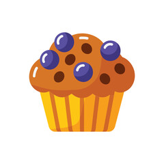 Blueberry muffin cupcake illustration with golden wrapper and glossy berries, delicious bakery dessert icon for cafe menu, breakfast, brunch design