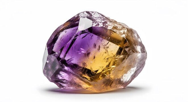 A stunning purple and gold crystal with a unique, rough texture and natural imperfections. ametrine 
