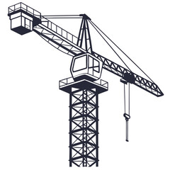 A tower crane with a long boom and a hook suspended from its end. © AF