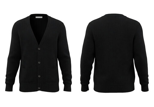 Black cardigan displayed on white backdrop showcasing its front and back details in a studio setting, highlighting its texture and style.