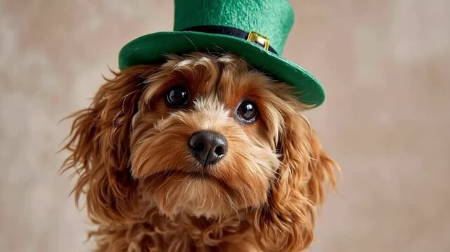 Cute cavapoo dog with green st Patrick day costume hat changing expressions. Animal celebration concept for holiday.