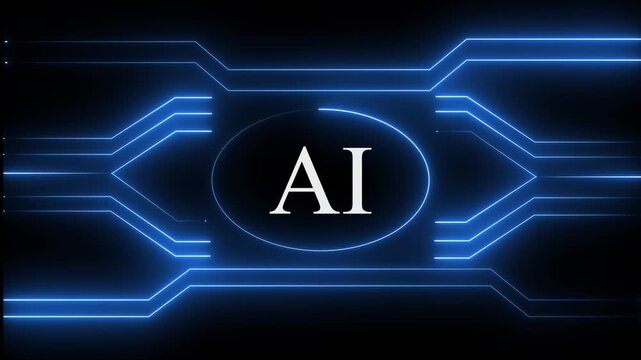  Neon AI Technology blue color on black background. Animation with Arrow Elements on Black Background Digital Technology Concept.