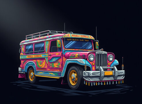Colorful Filipino jeepney parked at night time in a bustling Manila street ready for passengers