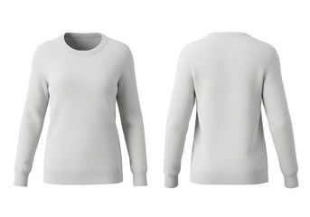White sweater displayed on a plain backdrop showcasing both the front and back, highlighting its simple and clean aesthetic for fashion purposes.