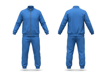 Blue tracksuit displayed on white surface showcasing sportswear apparel in studio setting with clean and modern aesthetic.
