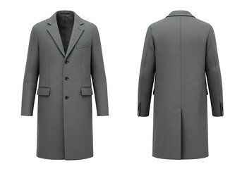 Elegant gray overcoat displayed on white backdrop showcasing modern fashion and style, perfect for autumn and winter seasons.